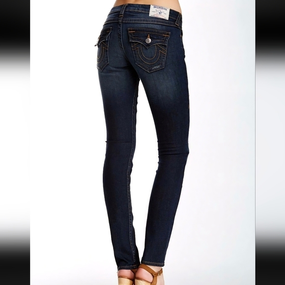 Y2K True Religion Skinny Jeans Low Rise Dark Wash Rips Distressed Pocket Flaps - Picture 2 of 11